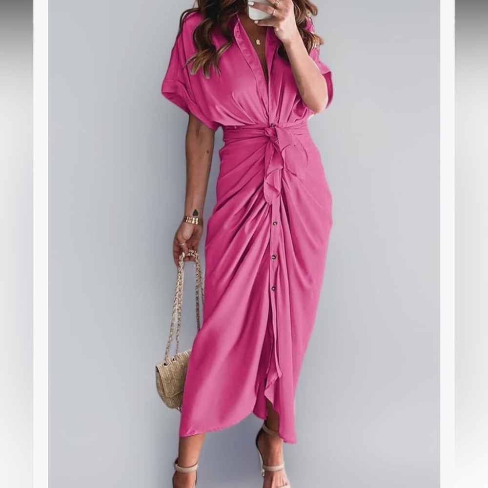 DO+BE Elegant Satin Shirt Dress Women Button Short Sleeve Tunic.